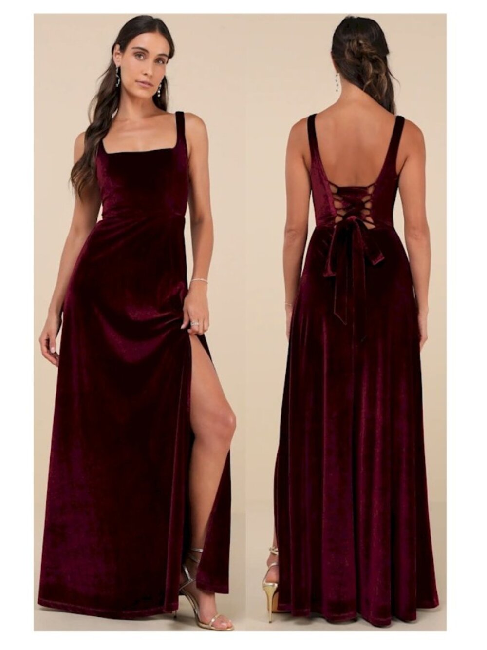 Lulu's Burgundy Velvet Maxi Dress with Lace-Up Back